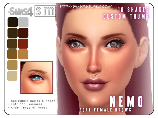 Sims 4 — [ Nemo ] - Soft Female Brows by Screaming_Mustard — Gently arched brows for a softer look. Comes in 10 tones.