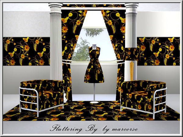 Sims 3 — Fluttering By_marcorse by marcorse — Fabric pattern: butterflies flutter around field daisies in yellow, red and