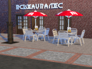 Sims 4 — Bar terrace accessories by 333EvE333 — Outside chair, parasol, and oil and vinegar accessory for a bar terrace.