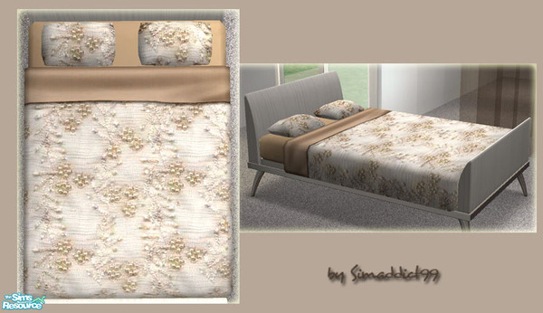 Sims 2 — Embroidered Bedding - Ivory Lace  by Simaddict99 — Luxurious, ivory silk bedding covered with beaded &
