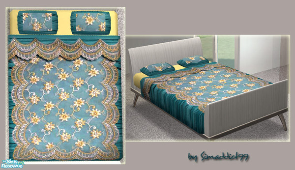 Sims 2 — Embroidered Bedding - Blue Lace by Simaddict99 — Luxurious, pleaded silk bedding covered with embroidered lace.