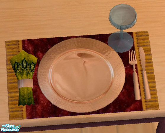 Sims 2 — Use-able Formal Place-setting - RC 3 by Simaddict99 — Rich wine red and wamr green velvet, teamed with shiney