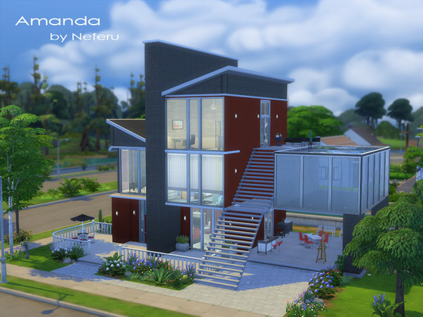 Sims 4 — Amanda by Neferu2 — Modern family house with three floors, large porch with barbecue and swimming pool on the