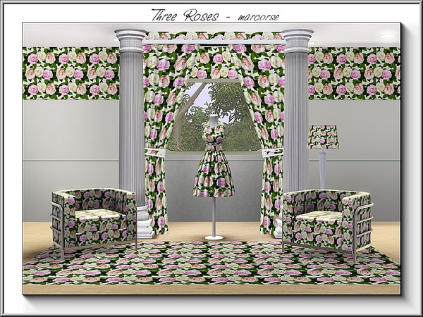 Sims 3 — Three Roses_marcorse by marcorse — Fabric pattern - pink and white roses in groups of three, with green leaves.