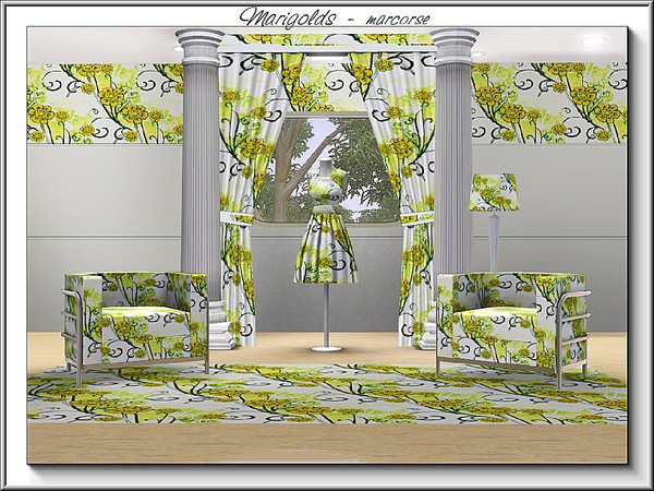 Sims 3 — Marigolds_marcorse by marcorse — Fabric pattern wild yellow marigolds in a diagonal design.