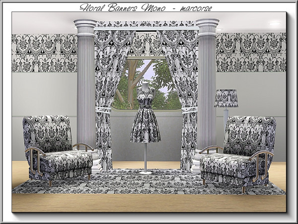 Sims 3 — Floral Banners Mono_marcorse by marcorse — Fabric pattern: monochrome floral banners in a horizontal design.