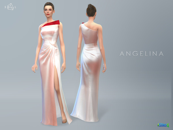 Sims 4 — Cream Satin Gown ANGELINA by SLYD — This floor-length cream satin gown features a red fold across the top and a