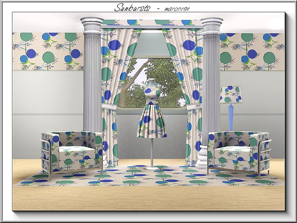 Sims 3 — Sunbursts_marcorse by marcorse — Geometric pattern - sunbursts and circle shapes in green and blue.