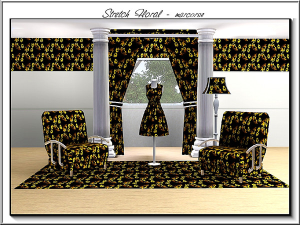 Sims 3 — Stretch Floral_marcorse by marcorse — Fabric pattern: stretched yellow/red flower shapes on black