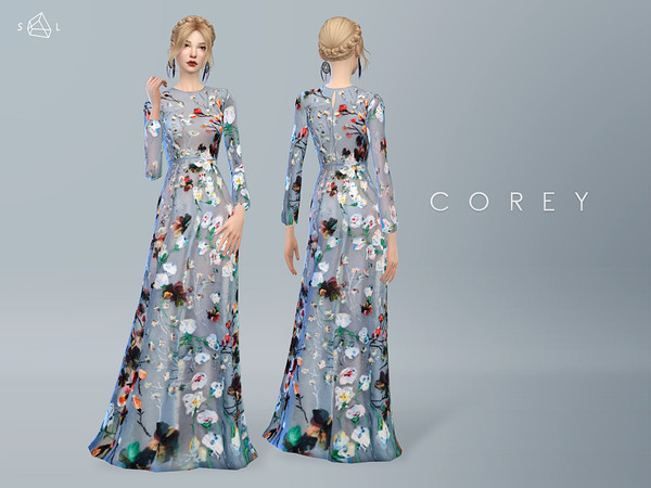 Sims 4 — Floral Gown COREY by SLYD — This gown features romantic garden motifs from top to bottom, giving your sims a
