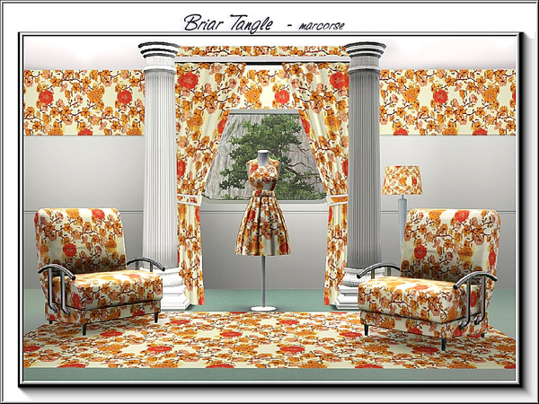 Sims 3 — Briar Tangle_marcorse by marcorse — Fabric pattern: wild briar roses in a tangled design in orange and yellow.