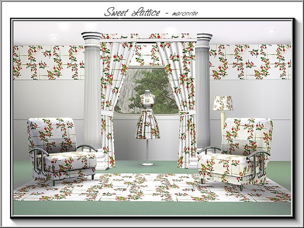 Sims 3 — Sweet  Lattice_marcorse by marcorse — Fabric pattern red roses and green lines in a stylised lattice design.