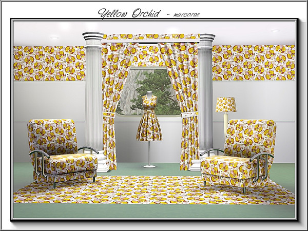 Sims 3 — Yellow Orchid_marcorse by marcorse — Fabric pattern: yellow and purple orchids on white