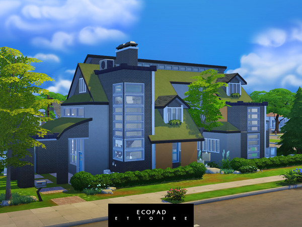 Sims 4 — Ecopad by Ettoire — A modern, nature-friendly family house for your sims! It has 6 bedrooms with their study
