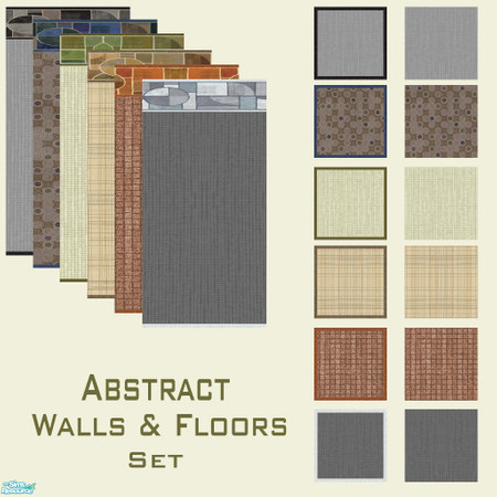 Sims 2 — Abstract Walls and Floors Set by Sheera — This set includes 18 items : 6 walls and their 12 matching floors with