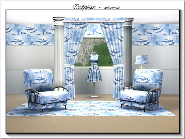 Sims 3 — Dolphins_marcorse by marcorse — Themed pattern: dolphins and coral in light blue and white