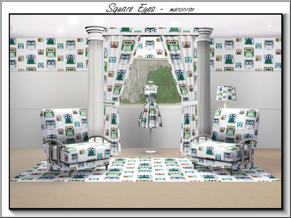 Sims 3 — Square Eyes_marcorse by marcorse — Themed pattern - stylised, square owls with large eyes, in blue and green.