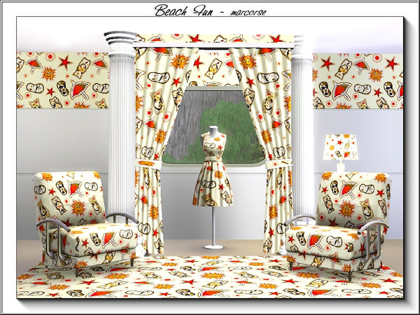 Sims 3 — Beach Fun_marcorse by marcorse — Themed pattern: starfish, thongs, beach umbrellas and a sun symbol . . time for