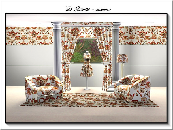 Sims 3 — Tea Service_marcorse by marcorse — Themed pattern: elegant afternoon tea service in red and yellow