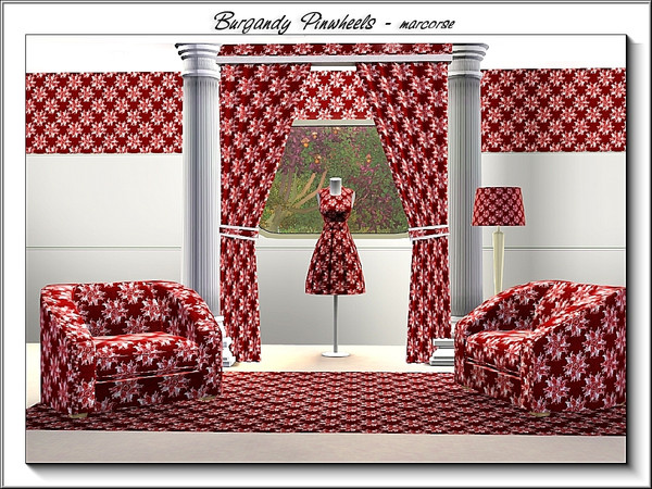 Sims 3 — Burgandy Pinwheels_marcorse by marcorse — Fabric pattern: red and white floral pinwheels on burgandy