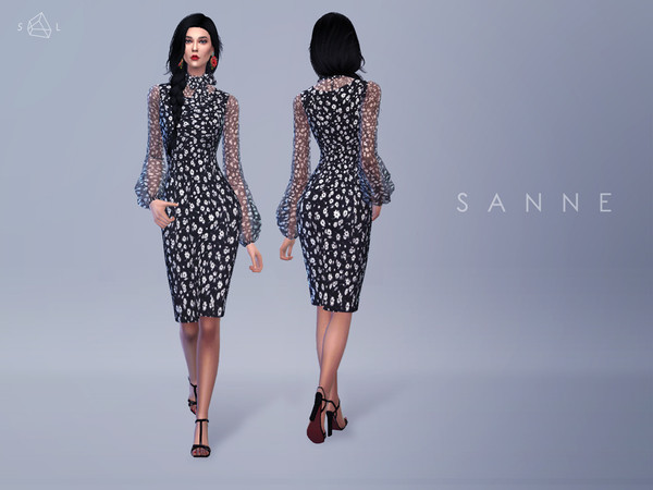 Sims 4 — Tie-neck Daisy-print Dress SANNE by SLYD — This black and white daisy-print crepe dress is cut to a sleeveless,