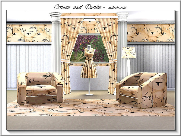 Sims 3 — Cranes and Ducks_marcorse by marcorse — Fabric pattern: cranes, ducks and swamp grasses against a full moon