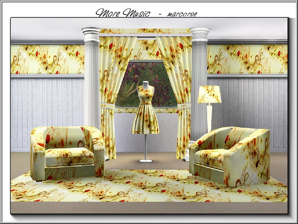 Sims 3 — More Music_marcorse by marcorse — Abstract pattern: music notes and stylised scales in red and yellow