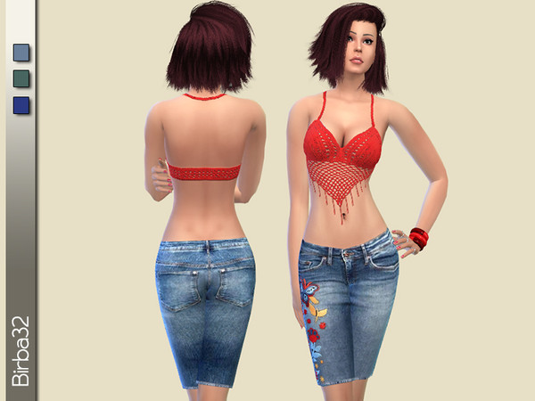 Sims 4 — Bermuda denim flowers by Birba32 — Bermuda in denim jeans with a pretty floral embroidery on one leg, in three
