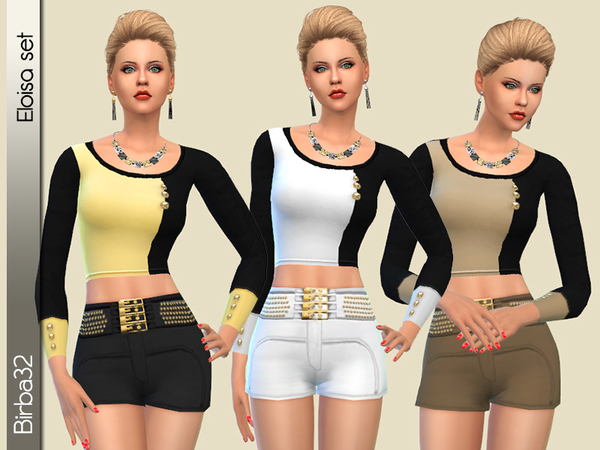Sims 4 — Eloisa set by Birba32 — A short sweater with black background and a colored portion on the front, decorated with