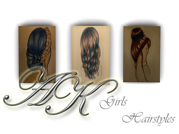 Sims 4 — Girls Hairstyles Painting by ArwenKaboom — Painting with three different pictures all featuring girls hairstyle.
