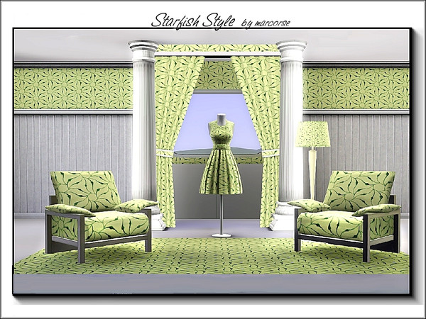 Sims 3 — Starfish Style_marcorse by marcorse — Abstract pattern: stylised starfish flower shapes in green on yellow.