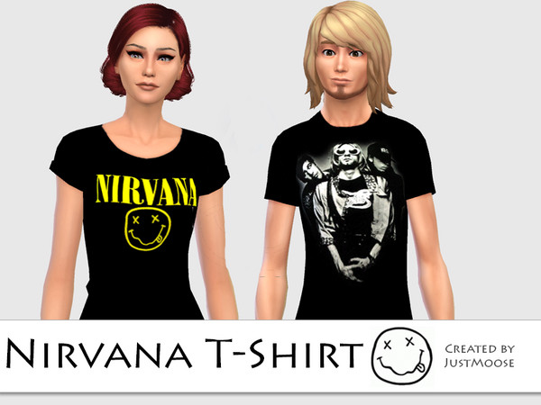 Sims 4 — Nirvana T-Shirt by JustMoose — T-Shirt with grunge band Nirvana. Female and Male version. Contains 4 swatches.