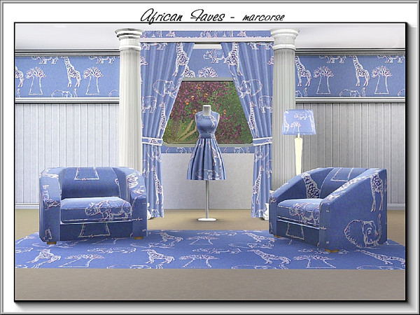 Sims 3 — African Faves_marcorse by marcorse — Themed pattern - familiar African animals in white on blue
