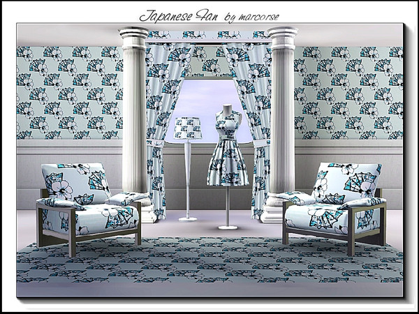 Sims 3 — Japanese Fan_marcorse by marcorse — Fabric pattern: Japanese fans and hibiscus blooms in blue and white.