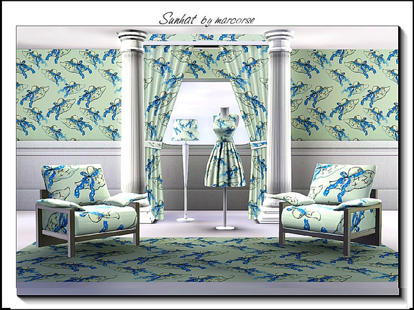 Sims 3 — Sunhat_marcorse by marcorse — Themed pattern: floopy straw sunhat with blue spot ribbons