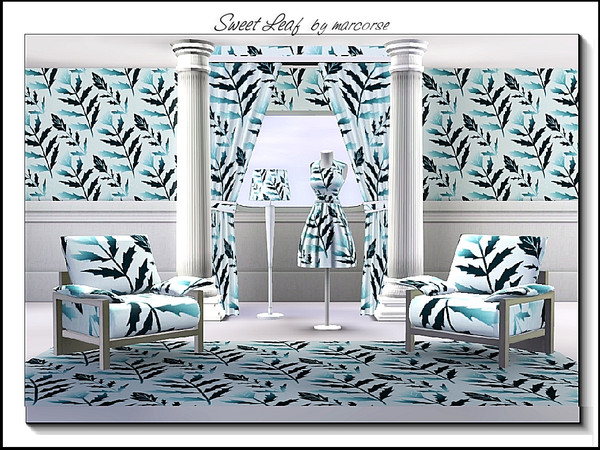 Sims 3 — Sweet Leaf_marcorse by marcorse — Fabric pattern: leaf design in deep blue and aqua on white