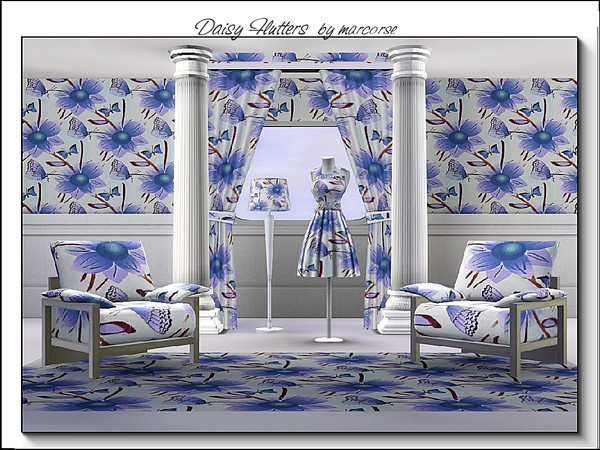Sims 3 — Daisy Flutters_marcorse by marcorse — Fabric pattern- daisies and butterflies in blue, brown and white.