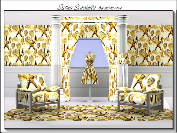 Sims 3 — Sifting Seashells_marcorse by marcorse — themed pattern: collection of sea shells randomly repeated, in yhellow