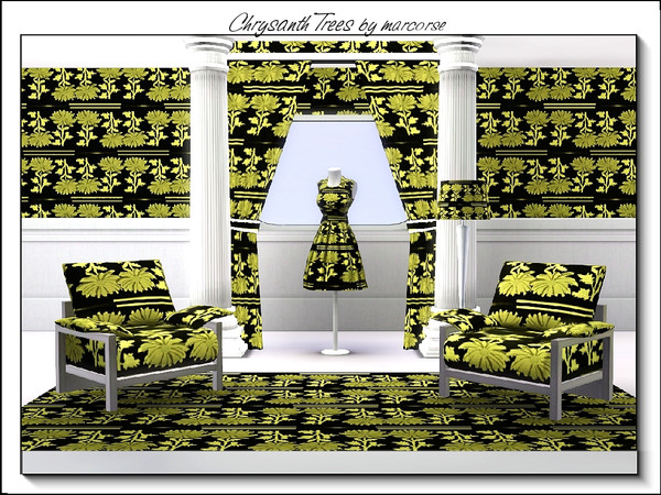 Sims 3 — Chrysanth Trees_marcorse by marcorse — Fabric pattern: abstract design of chrysanthemum flowers in yellow on