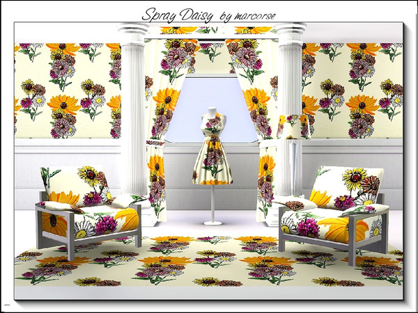 Sims 3 — Spray Daisy_marcorse by marcorse — Fabric pattern - spray of daisy varieties in orange and red on yellow