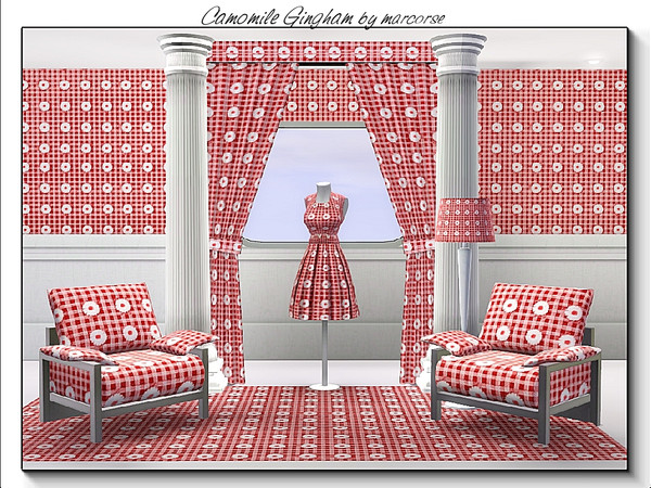 Sims 3 — Camomile Gingham_marcorse by marcorse — Fabric pattern: red gingham scattered with white camomile daisies