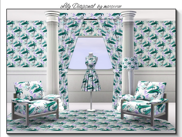 Sims 3 — Lily Diagonal_marcorse by marcorse — Fabric pattern_ diagonal lily pattern in blue on white
