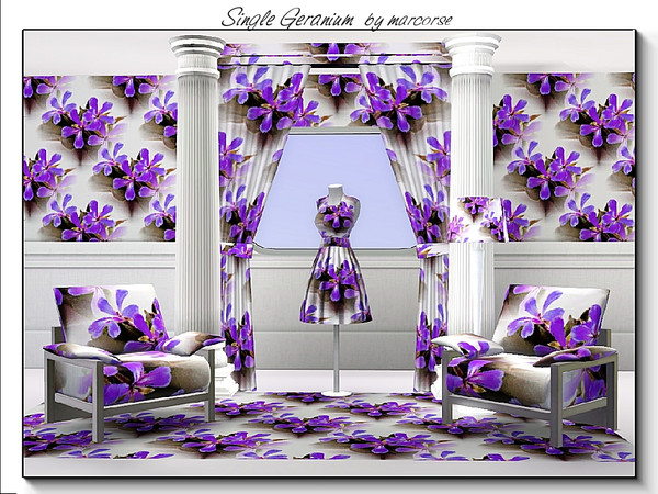 Sims 3 — Single Geranium_marcorse by marcorse — Fabric pattern- single, bright blue/purple geraniums. on white.
