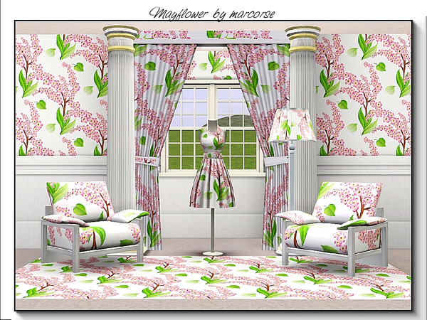 Sims 3 — Mayflower_marcorse by marcorse — Fabric pattern - sprays of mayflower shrub in pale pink and green.