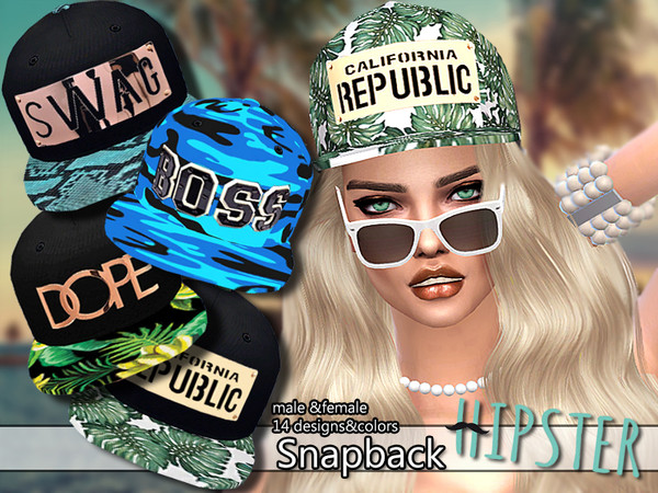 Sims 4 — PZC_Hipster Collection Snapback 01 by Pinkzombiecupcakes — Available in 14 designs and colors. With custom