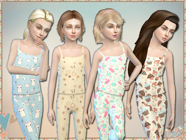 Sims 4 — 'Lullaby' Pajama Set For Girls by Simlark — 4 cute tank tops and pants for girls! Patterns include kitties,