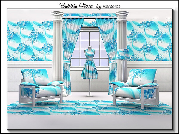 Sims 3 — Bubble Flora_marcorse by marcorse — Fabric pattern - clematis flowers and big bubbles in bluegreen.