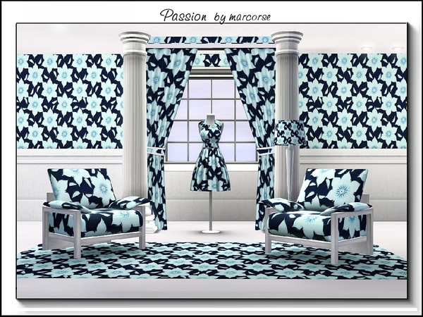 Sims 3 — Passion_marcorse by marcorse — Fabric pattern: passionflowers in pale aqua on deepest blue.