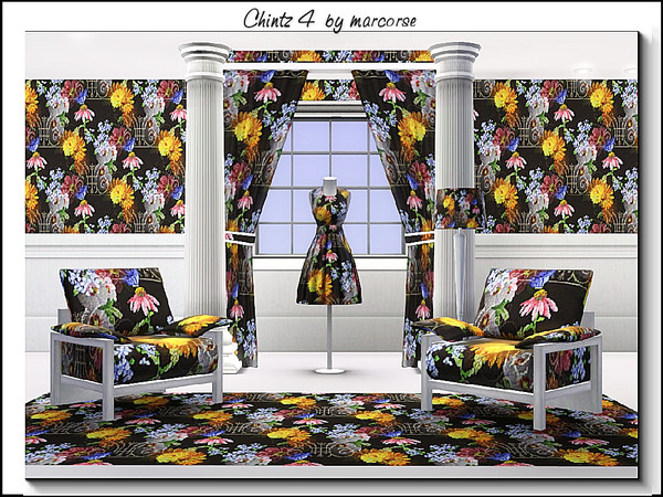Sims 3 — Chintz Four_marcorse by marcorse — Fabric pattern - dark background orange chintz design.
