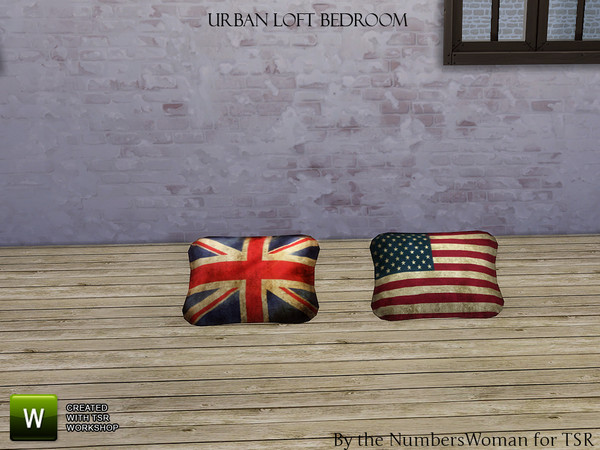 Sims 4 — Urban Loft Bedroom Flag Pillows by TheNumbersWoman — Urban Styled used furniture for that look on a budget. This
